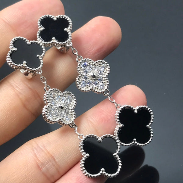 ˇStreet JewelryˇCLOVER 3 MOTIF DIAMOND ONYX SILVER EARRINGS