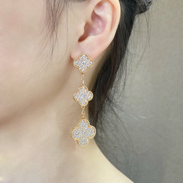 ˇStreet JewelryˇCLOVER 3 MOTIFS DIAMOND PAVED ROSE GOLD EARRINGS