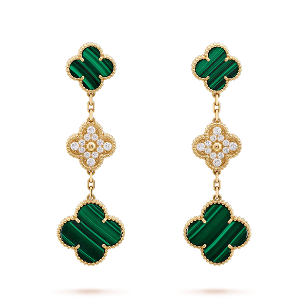 ˇStreet JewelryˇCLOVER EARRINGS GOLD MALACHITE DIAMOND 3 MOTIF